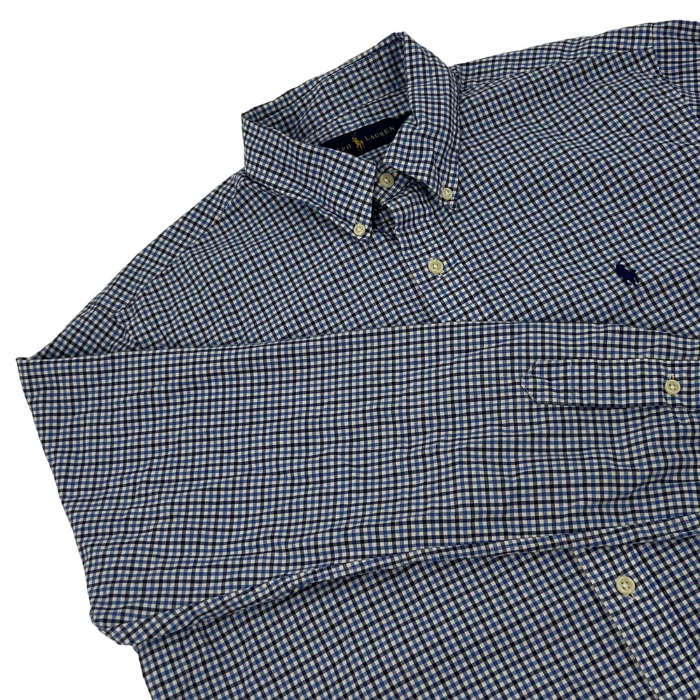 Ralph Lauren Shirt Men's Large Blue White Gingham Check Button Down Pony Logo